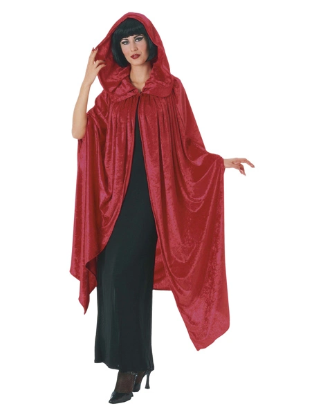 Hooded Crushed Red Velvet Cape Costume For Adult